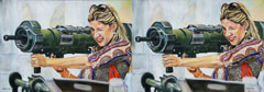 Grenzfall 1, Frau in Freizeitkleidung mit Maschinengewehr, mit Ölfarben gemalt